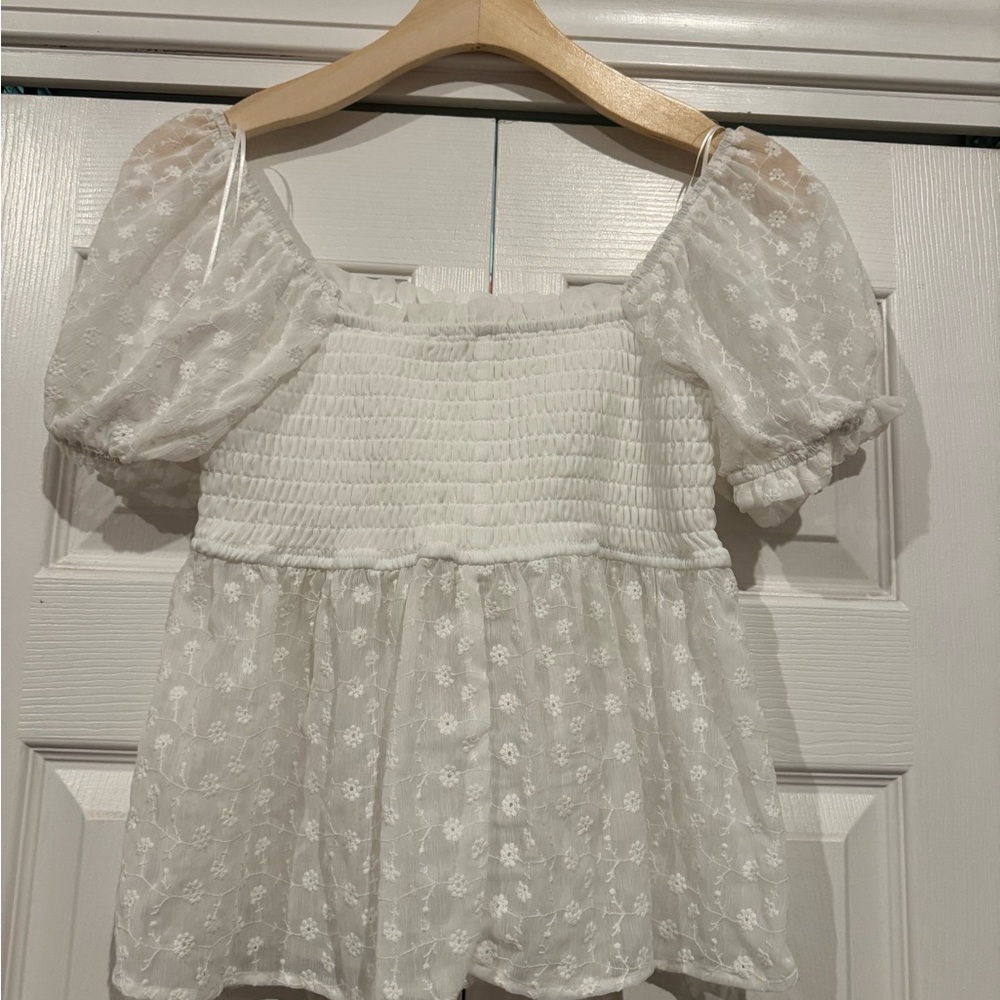 Francesca's Collections White Smocked Blouse - Picture 2 of 2